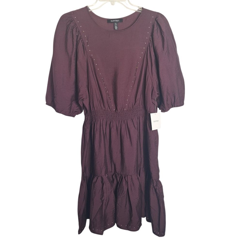 Ellen Tracy Tiered Midi Dress Puff Sleeve Flowy Cottagecore Wine Large Womens